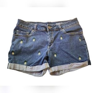 Faded Glory Pineapple Jean Shorts Size 12 Cuffed Denim Shorts Boho Stretch Blue